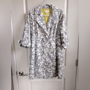 3 Sisters Boutique Gray and White Shell Patterned Trench Coat Womens Size Large